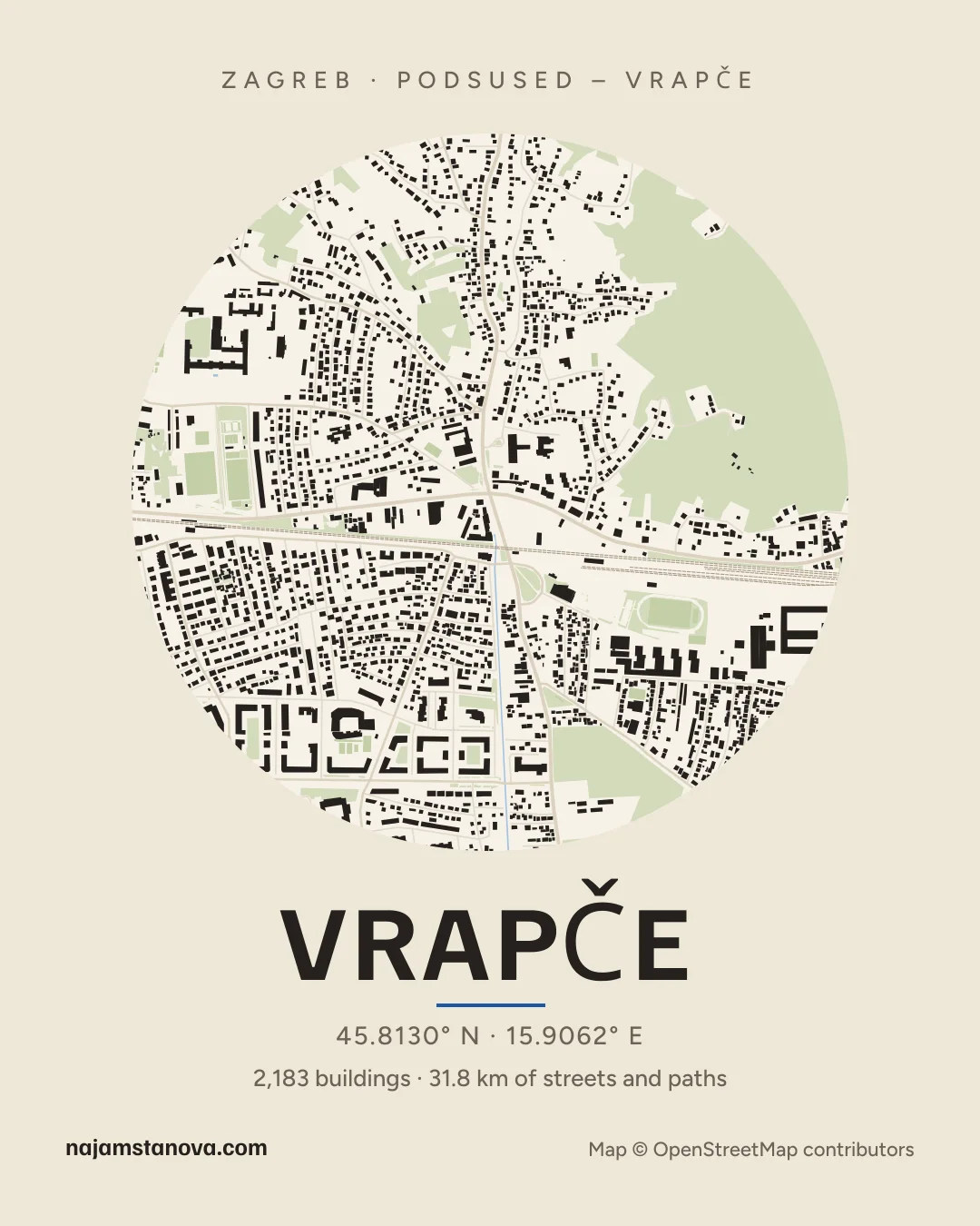 Map of Vrapče in the “Paper” style: buildings, streets, parks and water within 900 m