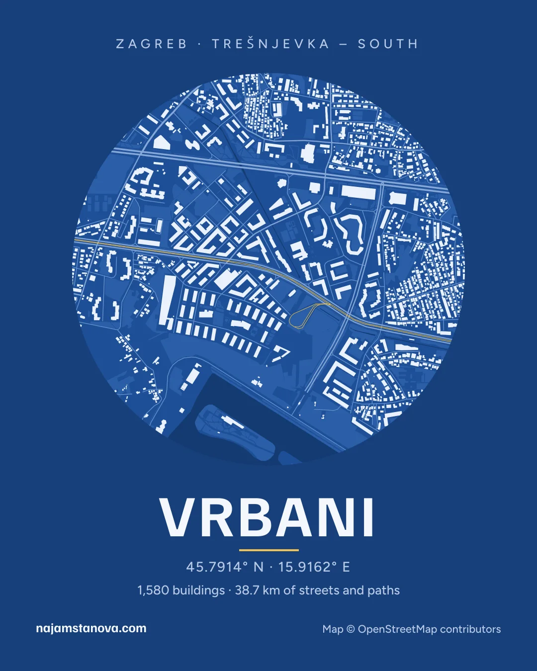 Map of Vrbani in the “Blueprint” style: buildings, streets, parks and water within 900 m