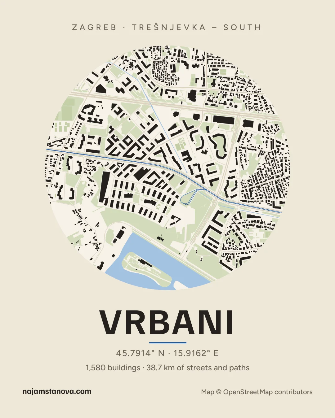 Map of Vrbani in the “Paper” style: buildings, streets, parks and water within 900 m