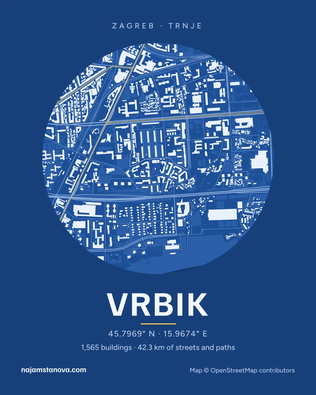 Map of Vrbik in the “Blueprint” style: buildings, streets, parks and water within 900 m