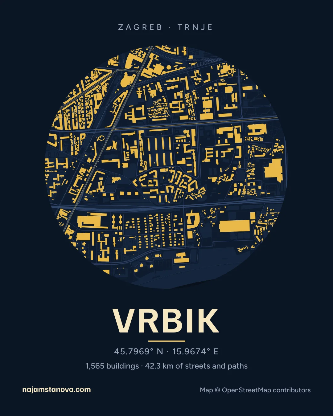 Map of Vrbik in the “Night” style: buildings, streets, parks and water within 900 m