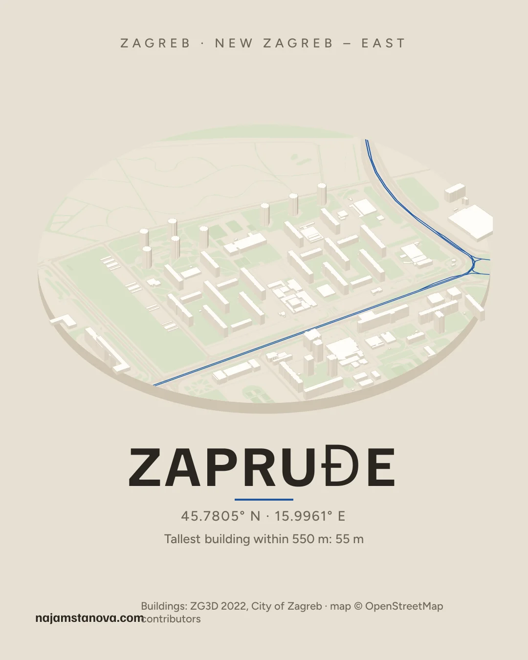 Map of Zapruđe in the “Drone” style: buildings, streets, parks and water within 900 m