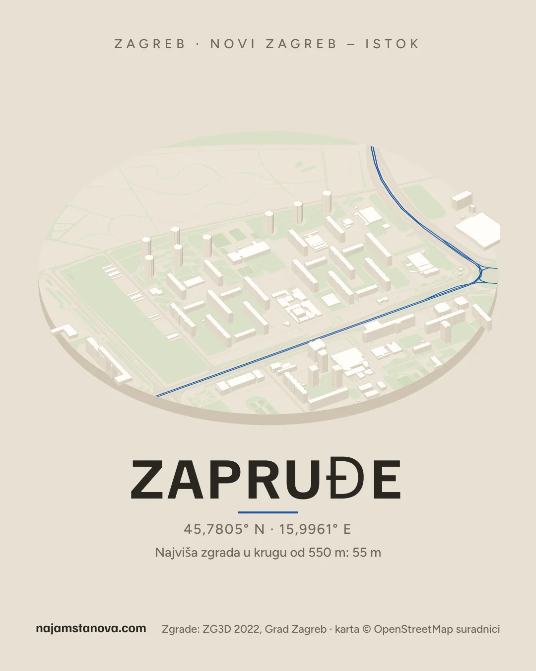 Karta kvarta Zapruđe u stilu „Dron”: zgrade, ulice, parkovi i vode u krugu od 900 m