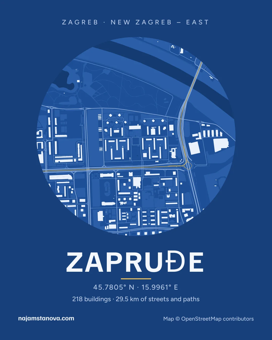 Map of Zapruđe in the “Blueprint” style: buildings, streets, parks and water within 900 m