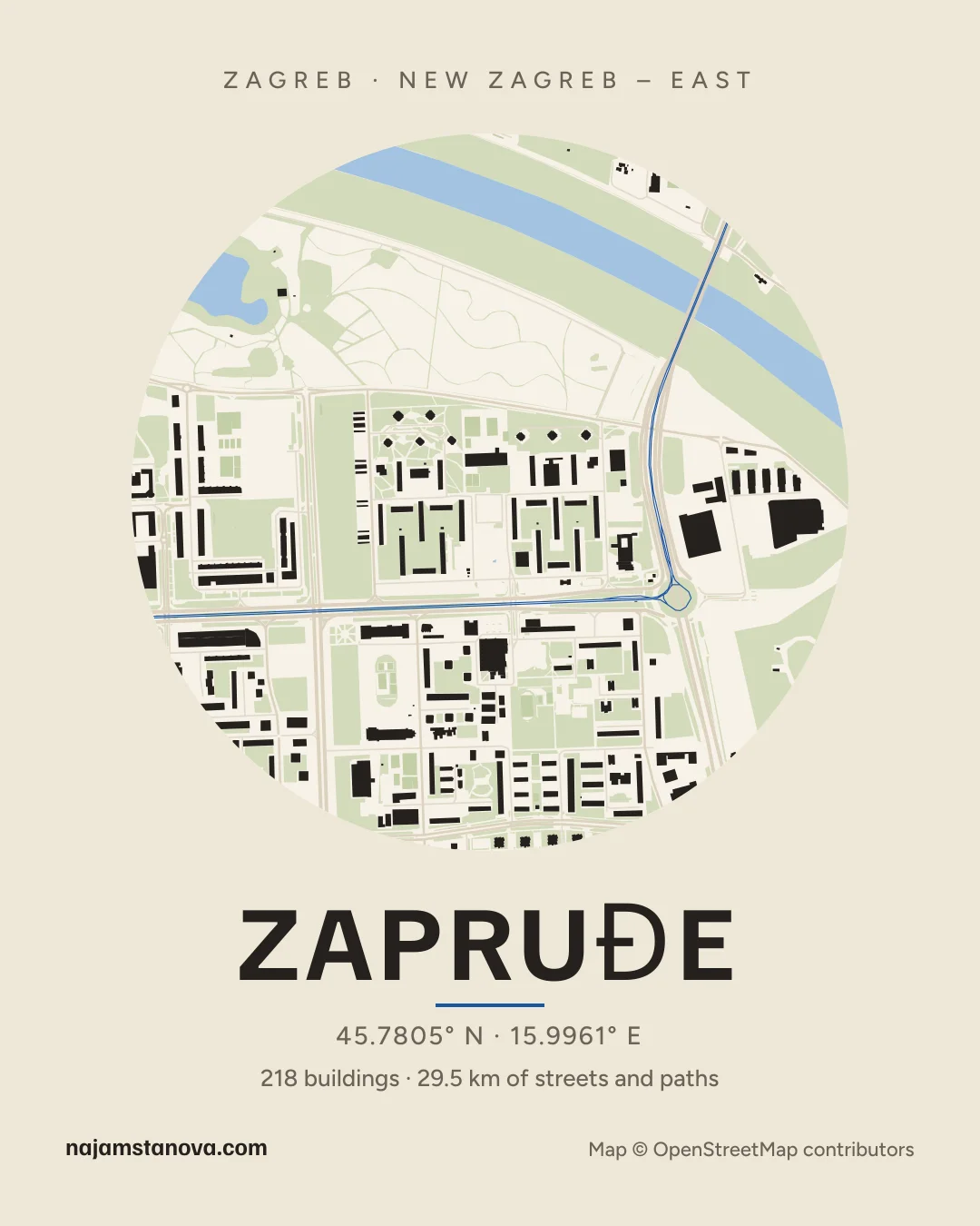 Map of Zapruđe in the “Paper” style: buildings, streets, parks and water within 900 m