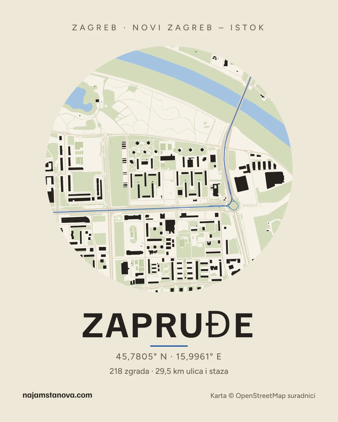 Karta kvarta Zapruđe u stilu „Papir”: zgrade, ulice, parkovi i vode u krugu od 900 m