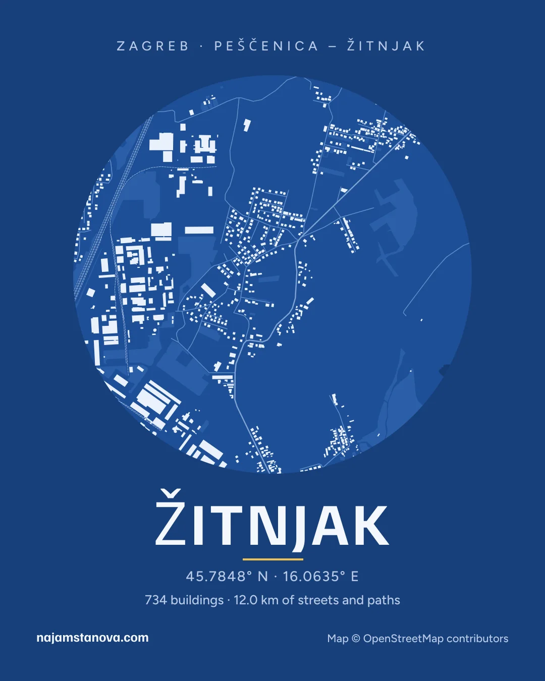 Map of Žitnjak in the “Blueprint” style: buildings, streets, parks and water within 900 m