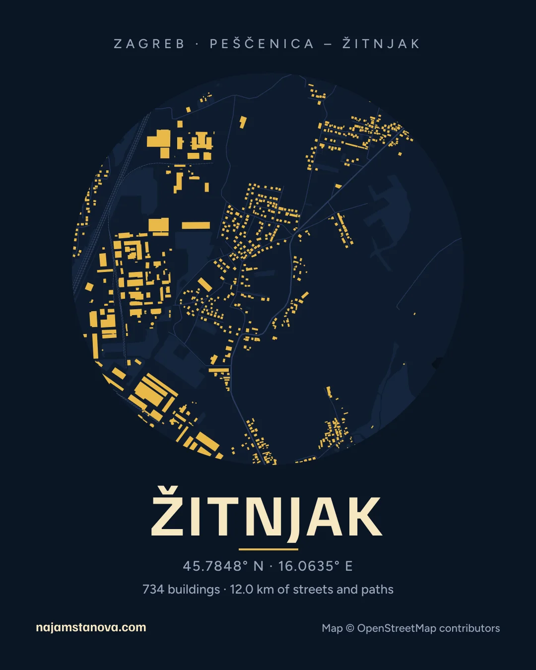 Map of Žitnjak in the “Night” style: buildings, streets, parks and water within 900 m