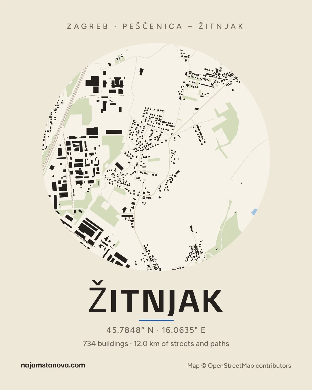 Map of Žitnjak in the “Paper” style: buildings, streets, parks and water within 900 m