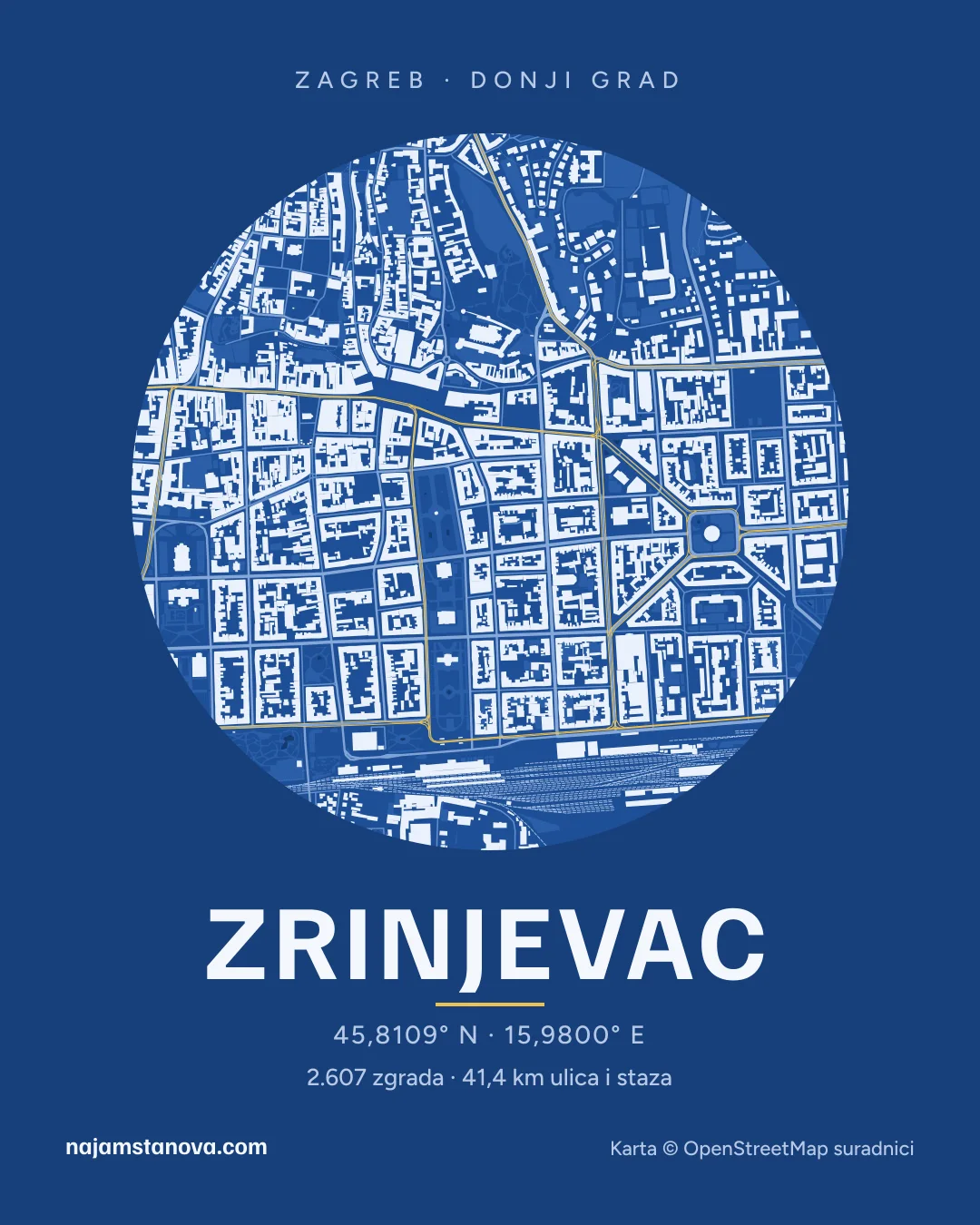 Karta kvarta Zrinjevac u stilu „Nacrt”: zgrade, ulice, parkovi i vode u krugu od 900 m