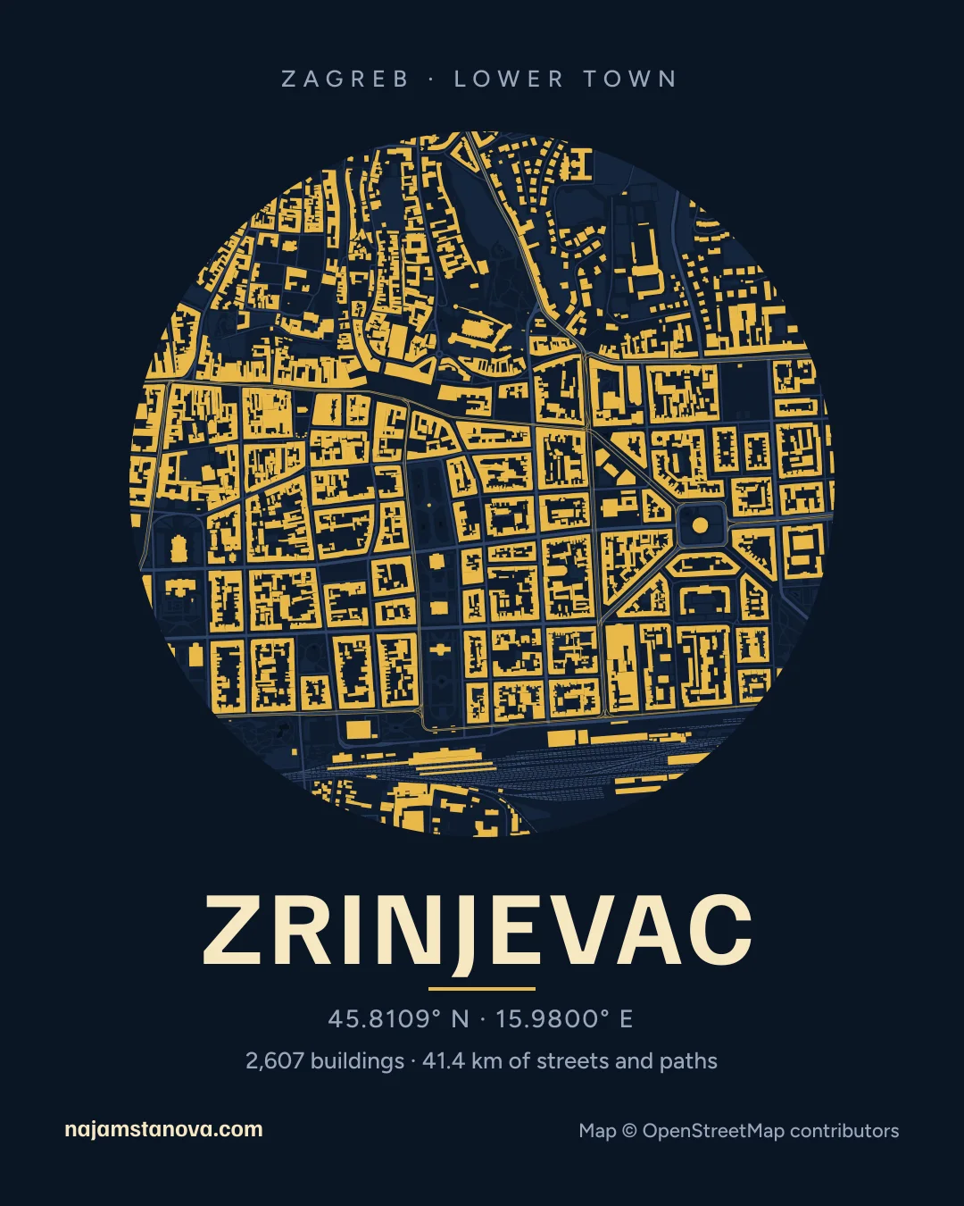 Map of Zrinjevac in the “Night” style: buildings, streets, parks and water within 900 m