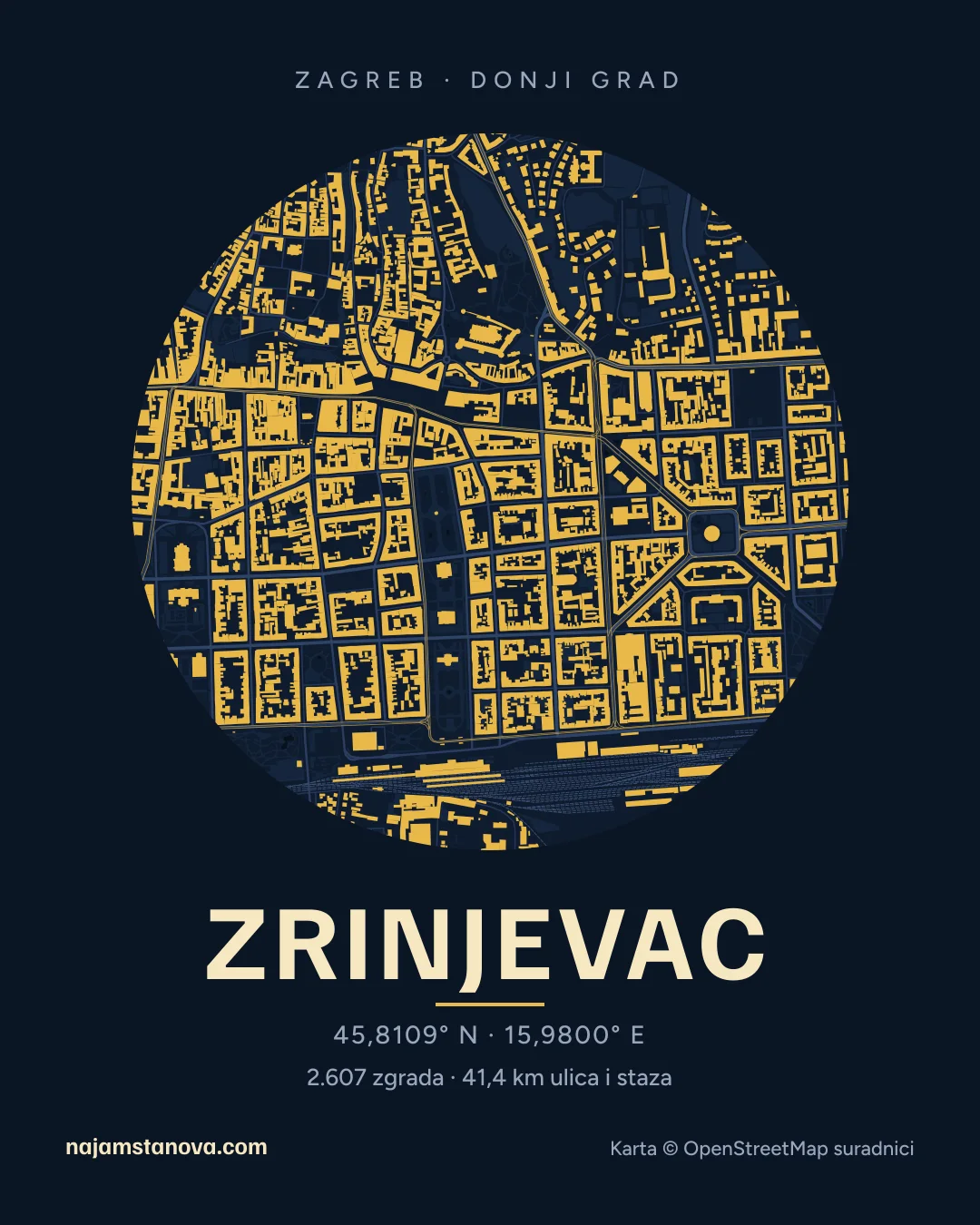 Karta kvarta Zrinjevac u stilu „Noć”: zgrade, ulice, parkovi i vode u krugu od 900 m