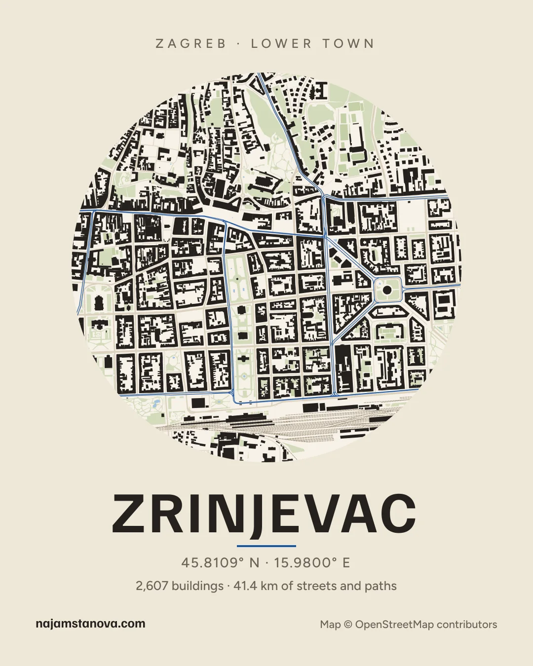 Map of Zrinjevac in the “Paper” style: buildings, streets, parks and water within 900 m